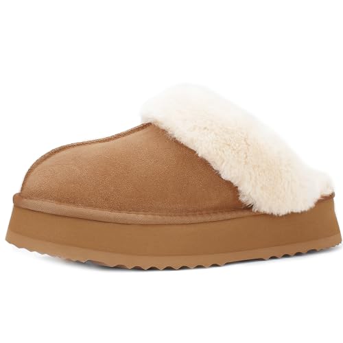 Platform Slippers for Women Indoor Outdoor Suede Leather Fuzzy House Shoes