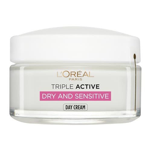 LOréal Paris Triple Active Day 24H Hydrating Moisturiser - Sensitive. Hydrate and Protect Sensitive and Dry Skin Comforts skins Formulated with Vitamin E & Ceramides 50ml