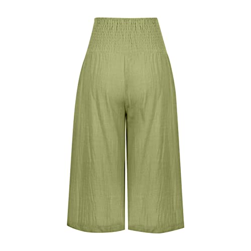 Womens Khaki Pants For Work Capri Pants Casual Summer Smocked Elastic High Waisted Linen Pant Solid Loose Wide Leg Capris Trousers #TOP4
