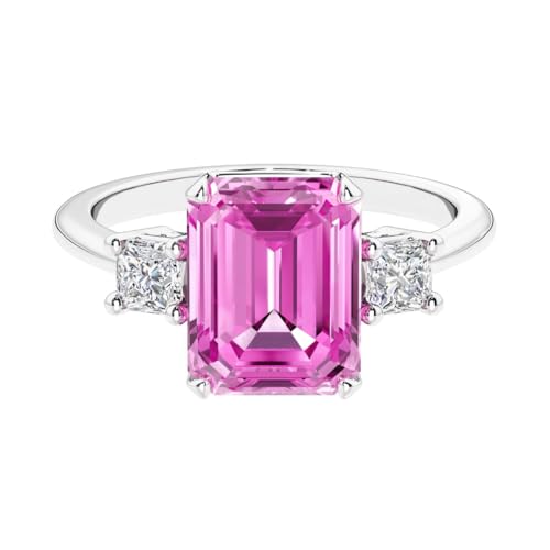 Solid 14K White Gold 3.50 Carats Emerald Cut Lab Grown Pink Sapphire Ring with Princess Cut Diamond Sides, 3 Stone Engagement, September Birthstone, Birthday, Anniversary, Wedding Gift for Women, w/ Jewelry Box, Size 5.5