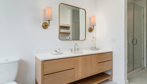 Image of Brass Wall Sconces Set of Two, Hardwired Linen Fabric Shade Wall Lamps, Bathroom Vanity Lights Fixture with Switch, Indoor Wall Lights for Bedroom Living Room Corridor