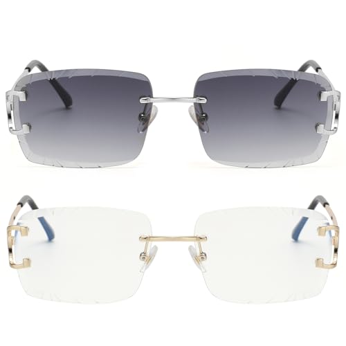 Image of Retro Rimless Rectangle Sunglasses for Men Women Luxury Frameless Square Trendy Shade Diamond Cutting Eyewear