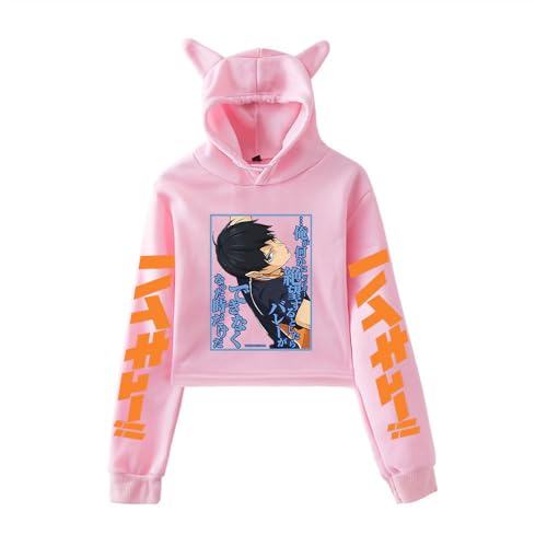LKY STAR Anime Haikyuu Hoodies con Orejas de Gato Mujer Niña Sexy Sudadera con Capucha Hinata Shoyo Kageyama Tobio Sweatshirts XS-XXL