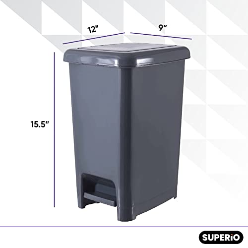 Image of Superio Slim Trash Can with Foot Pedal - 4 Gallon Plastic Step-On Trash Can with Lid, Garbage Can, Small Trash Can for Bathroom, Kitchen, Office, Bedroom, Dorm Room - Onyx Grey, 2