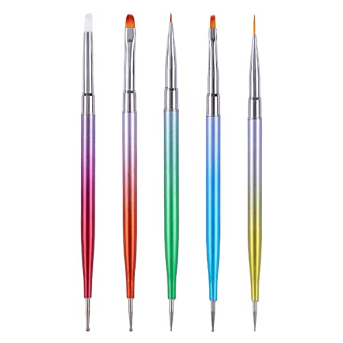 Pinceaux pour Nail Art, FITDON 5 Pièces pinceaux à ongles avec Dotting Tools Stylos et Pinceau Liner pour Vernis à Ongles Gel UV Dessin Salon Onglerie Manucure DIY Cover