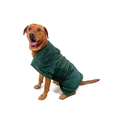 Mountain Paws Dog Drying Robe | Microfibre Dog Towel Robe | Super Absorbent Dog or Puppy Bathrobe with Adjustable Collar/Hood & Belly Strap | Super Soft | Fast Drying, Green Cover