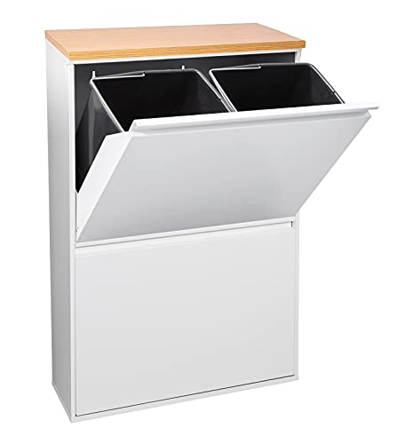 ARREGUI Basic-E CR601-B37 Cubo de basura y reciclaje de acero de 4 cubos con encimera de madera, mueble de reciclaje, 4 x 17 L (68 L), blanco con encimera roble trigo