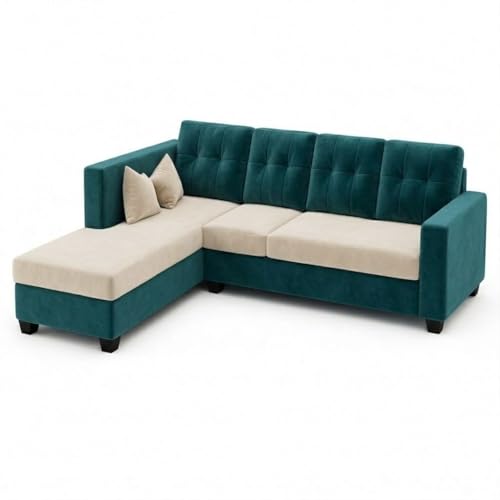 Image of FURNY Nathan 5 Seater L Shape Sofa Set LHS (Green Teal-Cream) | Suede Velvet Finish | Durable Comfort Sofa for Modern Living Room & Office Spaces