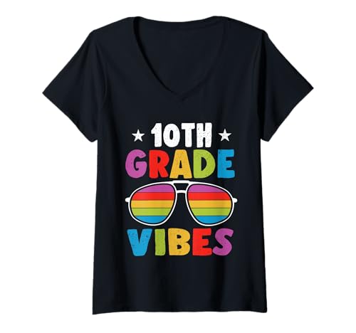 Femme 10th Grade Back to School Sunglasses Vibes Retro First Day T-Shirt avec Col en V