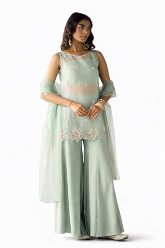 Image of FIORRA Women Sea Green Crush Organza Hand Work Straight Kurta Set with Dupatta