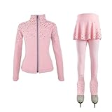LIUHUO Eiskunstlauf-Trainingshose, Jacken, Mädchen, Damen, Fleece, glänzend, bunt, Diamanten, bequem, warm, Trainingsanzug, rose, 110 cm