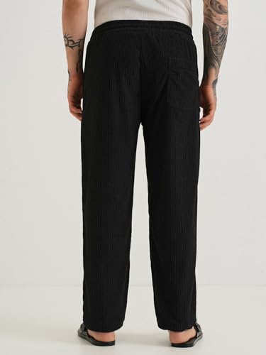 Image of Banana Club Deep Black Corduroy Pant - Regular Fit, Solid, Corduroy Casual Trousers with Textured Fabric, Comfortable Fit
