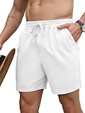 PLEPAN Mens 5 Inch Linen Shorts - Casual Elastic Waist Drawstring Summer Beach Shorts with Pocket White Large