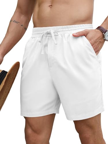 PLEPAN Mens 5 Inch Linen Shorts - Casual Elastic Waist Drawstring Summer Beach Shorts with Pocket White Medium