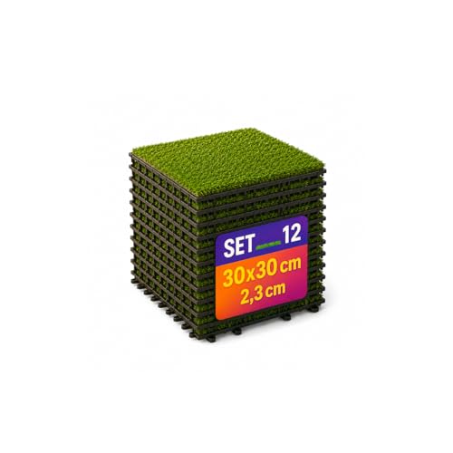 MOHOME Piastrelle Erba Sintetica Esterno Interno Set da 12 Prato Artificiale Incastro Drenaggio Acqua 30 x 30 x 2,3 cm Realistico Pavimento Morbido Terrazza Patio Giardino Balcone Bordo Piscina
