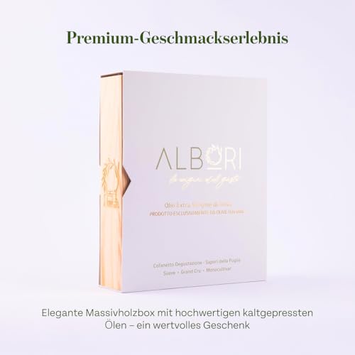 ALBORI Verkostung- Olivenöl Italienisch Extra Nativ Apulisches Kaltgepresst, Geschenkset Geschenkbox Degustation mit 3 Ölflasche Olive Oil 100ml, Premium Geschenkideen Monokultivar und Mischung Oliven