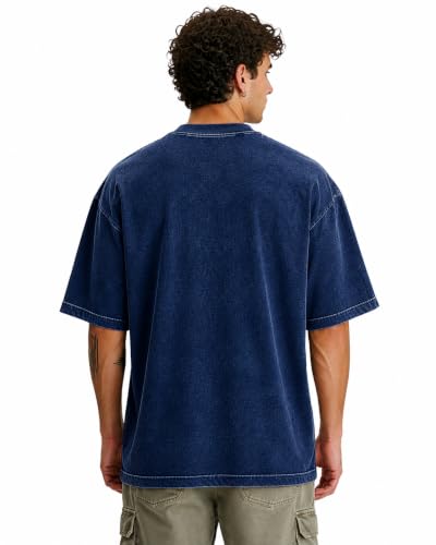 Image of VEL Heavy GSM Pure French Terry Cotton Men's Graphic Print Oversized Fit Half Sleeve Round Neck Cotton Acid Wash Print T-Shirt