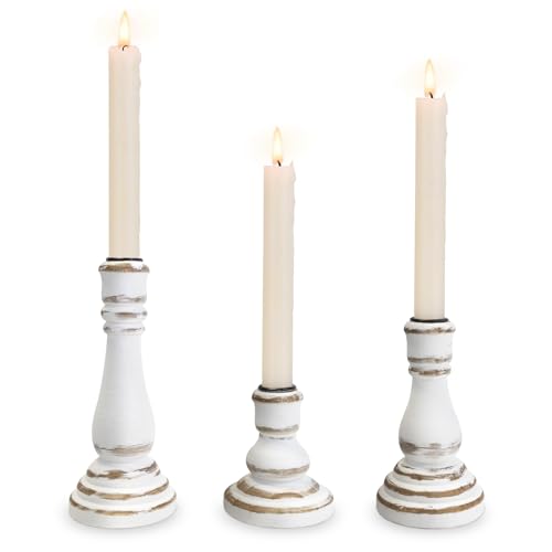 Taper Candle Holders Set of 3, Rustic Wooden Candlestick Holders, Farmhouse Wood Candle Stand, Vintage Candles Stick Tapered Holder for Living Room, Table Centerpiece (Vintage White)
