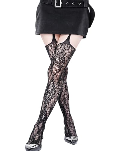 Image of Mrotrida Women Lace Sling One-piece Fishnet Tights Fashion Hollow Out Pantyhose Elastic Through Thigh High Stockings