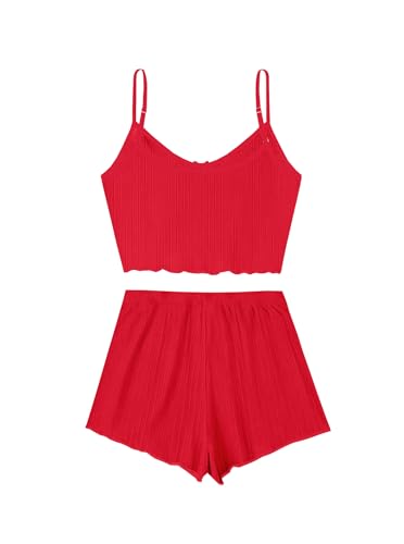 Image of Hilinker Women's 2 Piece Sexy Pajama Set Ribbed Cami Top and Shorts Sleepwear Cute Pjs Solid Red X-Large