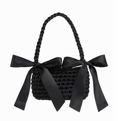 Bow Purse Woven Bow Shoulder Bag with Ribbon Bowknot Cute Medium Satin Handbag Trendy Gift Women Daily Travel
