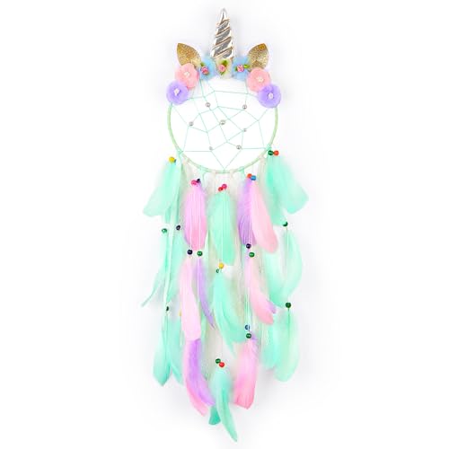 MHJY Unicorn Dream Catcher Girls Large Dreamcatcher Kids Bedroom Accessories Handmade Colorful Featrher Flowers Wall Hanging Decoration Nursery Blessing Birthday Gift