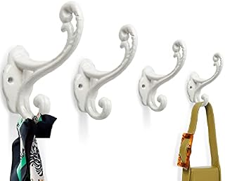 Decorative Rustic Wall Hooks  Shabby Chic Set of 4 Wall Mounted Hooks for Coats, Bags, Towels and More  Vintage Hooks for Farmhouse Décor - Sturdy, Cast Iron Hooks in Powder Coat White Color