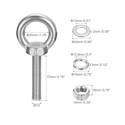 Image of uxcell Lifting Eye Bolt, 1 Set M12 x 70mm Eye Bolt with Nut Washer 304 Stainless Steel Shoulder Lifting Ring Eye Bolt for Hanging Item