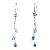 EleQueen 925 Sterling Silver CZ Long Tassel Teardrop Hook Dangle Earrings Aquamarine Color Made with Crystals