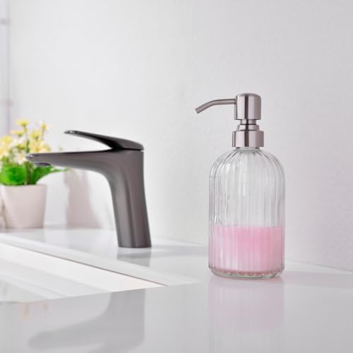 Image of Glass Soap Dispensers for Kitchen and Bathroom, 16oz Heavey Glass Bottle, Stainless Steel Brushed Nickel Pump,Clear Farmhouse Bathroom Soap Dispenser