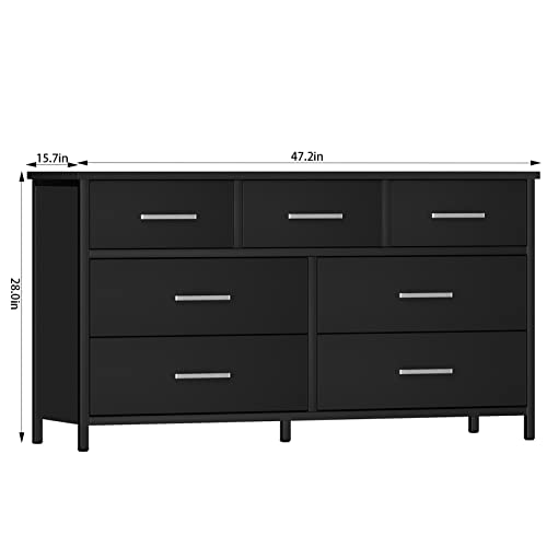 IKENO 7 Drawer Dresser for Bedroom, Industrial Wood Storage Organizer with Sturdy Steel Frame, Wood Dressers & Chests of Drawers for Dorm,Nurseries,Office, Black