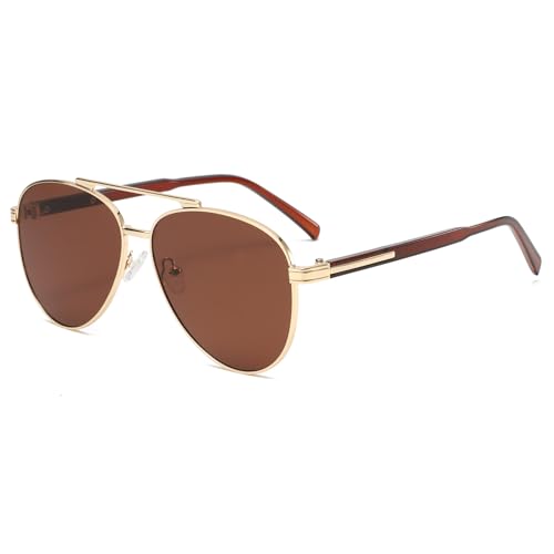 Image of Long Keeper Pilot Sunglasses for Men Women Aviation Sunglasses Retro Double Bridge Sun Glasses Metal Black Shades UV400 Protection for Driving Sports Travel (Gold Frame - Brown Lens)