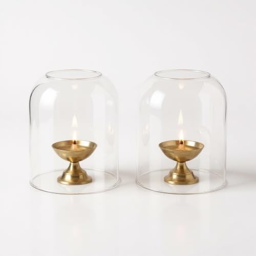 Image of Curved Transparent Borosilicate Glass Shade for Tealight Diya | Decorative Diya Cover for Mandir, Pooja, Bedroom & Home | Gift Accessory | 3 inches Height, 2.7 inches Width (set of 2)