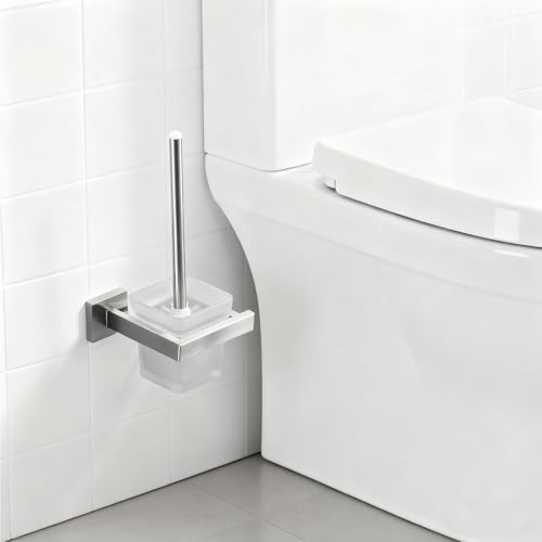 Image of Toilet Brush and Holder Set, NEWRAIN 304 Stainless Steel Wall Mounted Toilet Brush with Long Brush Handle, Brushed Nickel Toilet Scrubber, Glass Canister