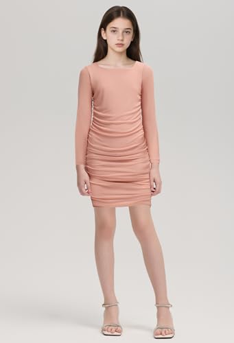 Girls Bodycon Dresses Long Sleeve Short Mesh Teen Girls Formal Dresses Crew Neck Ruched Party Prom Dance Dress2