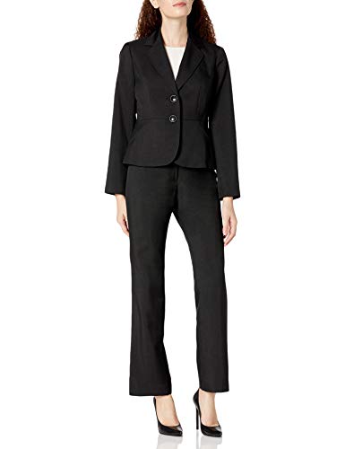 Le Suit Women's 2 Button Notch Collar Seamed Stretch Crepe Slim Pant Suit, Black 1, 18