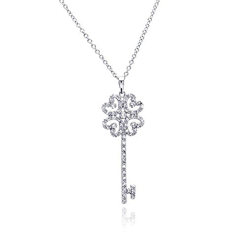 CloseoutWarehouse Cubic Zirconia Open Heart Key Necklace Rhodium Plated Sterling Silver