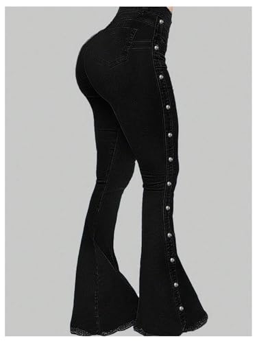 WDIRARA Women's Button Side Flare Jeans High Waisted Raw Hem Bell Bottom Denim Pants2