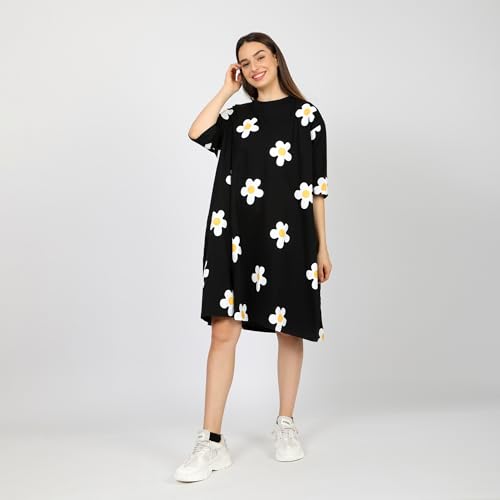 Image of LAMA STORE Women's Printed Oversized T-Shirt Dress, Cotton, 3 /4 Sleeve Length, Casual Loose Fit, Comfort Wear Extra Comfy Oversized Printed Pocket T-Shirt Dress
