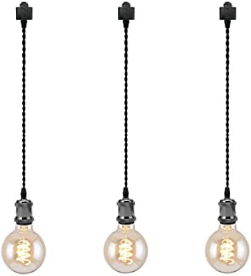 Kiven 3-Light H System Track Mini Pendant, Pearl Black Finish Lamp Holder Fitting, Rose Pendant Braided Fabric Flex Cord Length 31.5 in,TB0123-80CM