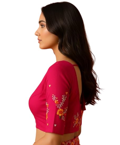 tinjal boutique Women's Pure Cotton Embroidered Bindi Design Blouse, Pink, Size 32, Round Neck, Half Sleeve-picture-52