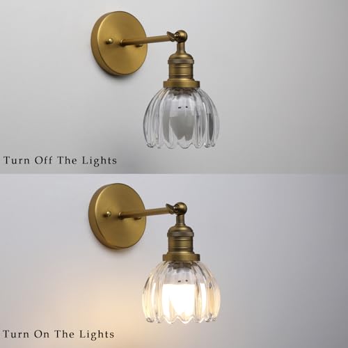 Image of Phansthy Vintage Battery Operated Wall Sconce with Transparent Tulip Glass Lampshade, USB Rechargeable Battery Powered Wall Light with 12 RGB Remote Control for Bedside Bedroom Doorway (Antique)