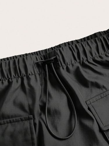 EARKOHA 2025 Skirts for Women Solid Color Drawstring Waist A-Line Work Skirt with Flap Pockets Black M3