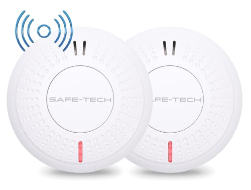 SAFE TECH Wireless Interconnected Smoke Alarm, Smoke Detector 10 Year Battery with Photoelectric Sensor, Fire Alarm with LED Indicator Low Battery and Fault Warning for House and Bedroom, 2 Pack