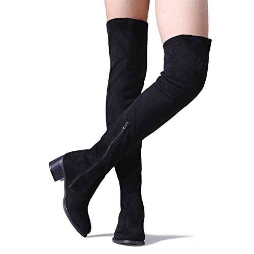 Shoe'n Tale Women Stretch Suede Chunky Heel Thigh High Over The Knee Boots(6,Black-2''Heel) #TOP4