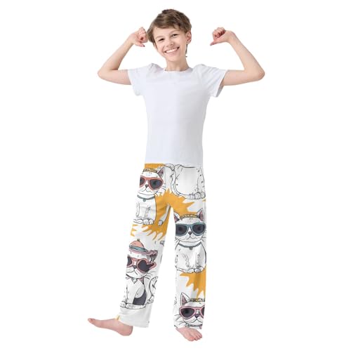 Cat with Glasses Boys Long Pants Soft Trousers Elastic Waist Kids Lounge Bottoms with Pockets S-XL3
