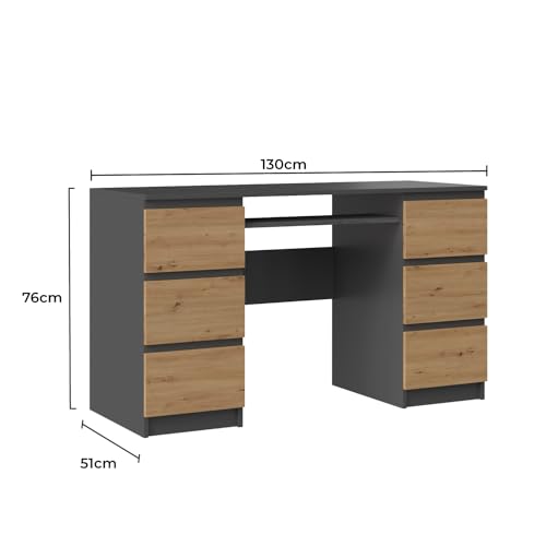 Kuba Computer Desk with 6 Drawers and Keyboard Tray, Large Home Office Desk with Storage, Study Desk for Home Office, Anthracite Artisan