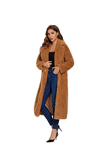 Sugar Poison Womens Faux Fur Warm Winter Outwear Jackets With Pockets Fuzzy Fleece Lapel Open Front Long Cardigan Coat L Brown #TOP1