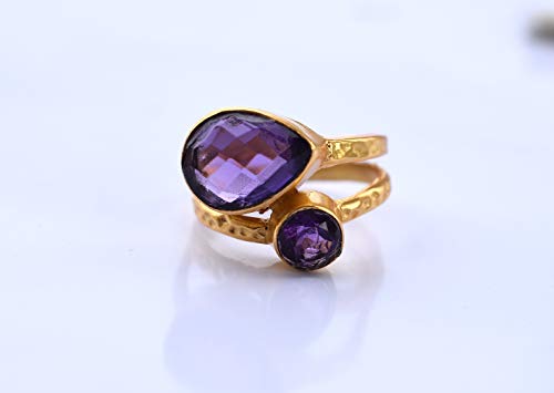 Veracity Jewelry Gold Plated Purple Amethyst Ring * Birthday Gifts Rings For Women/Girls - Blue Purple Gemstone Rings * Handmade Hammered Rings * February Birthstone Rings * Amethyst Jewelry-Vr-005 #TOP6