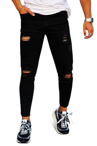 GINGTTO Jean Homme Slim Skinny Pantalon Rippés Tapered Jeans Extensible Stretch Denim Jegging Mode Noir 32Wx30L